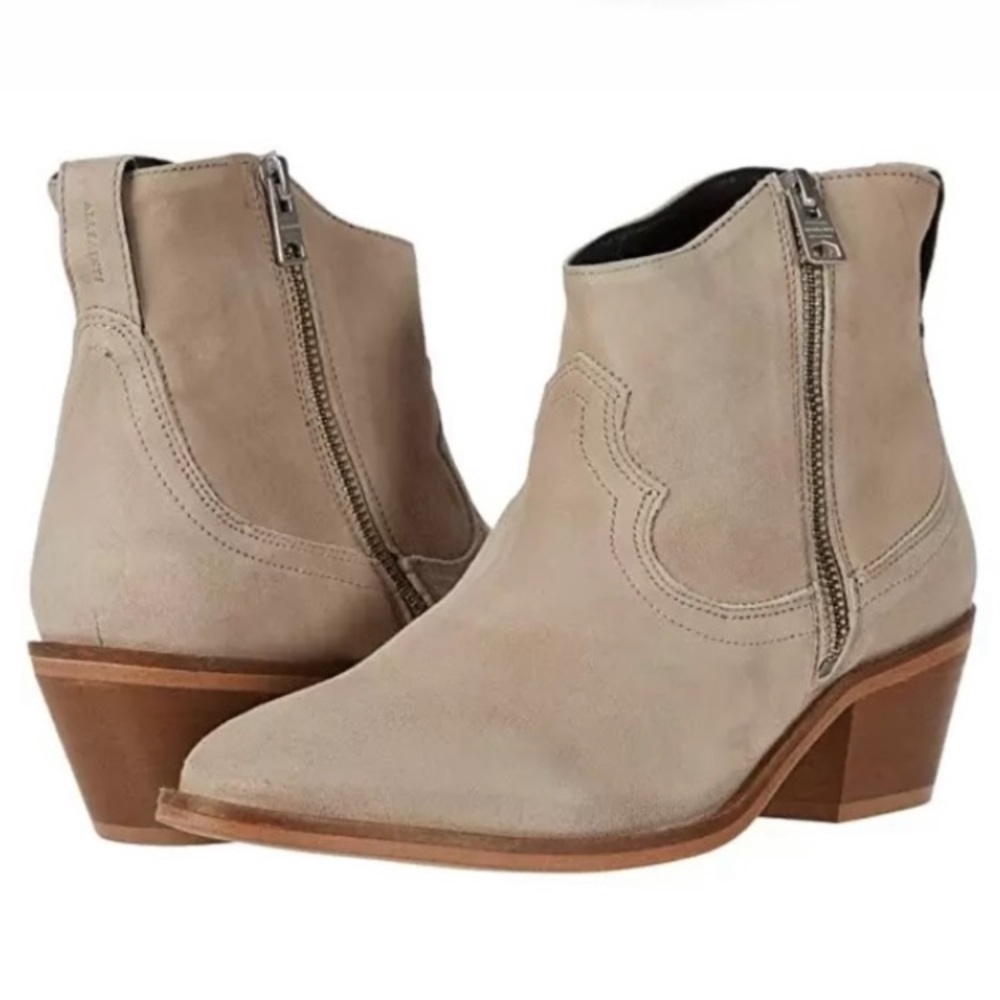 NWT Allsaints Carlotta Suede Western Ankle Bootie Stone Tan Gray Size 8 - Picture 3 of 7